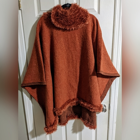 Vintage Wool Poncho Burnt Orange One Size Retro Fall Winter - Picture 2 of 7